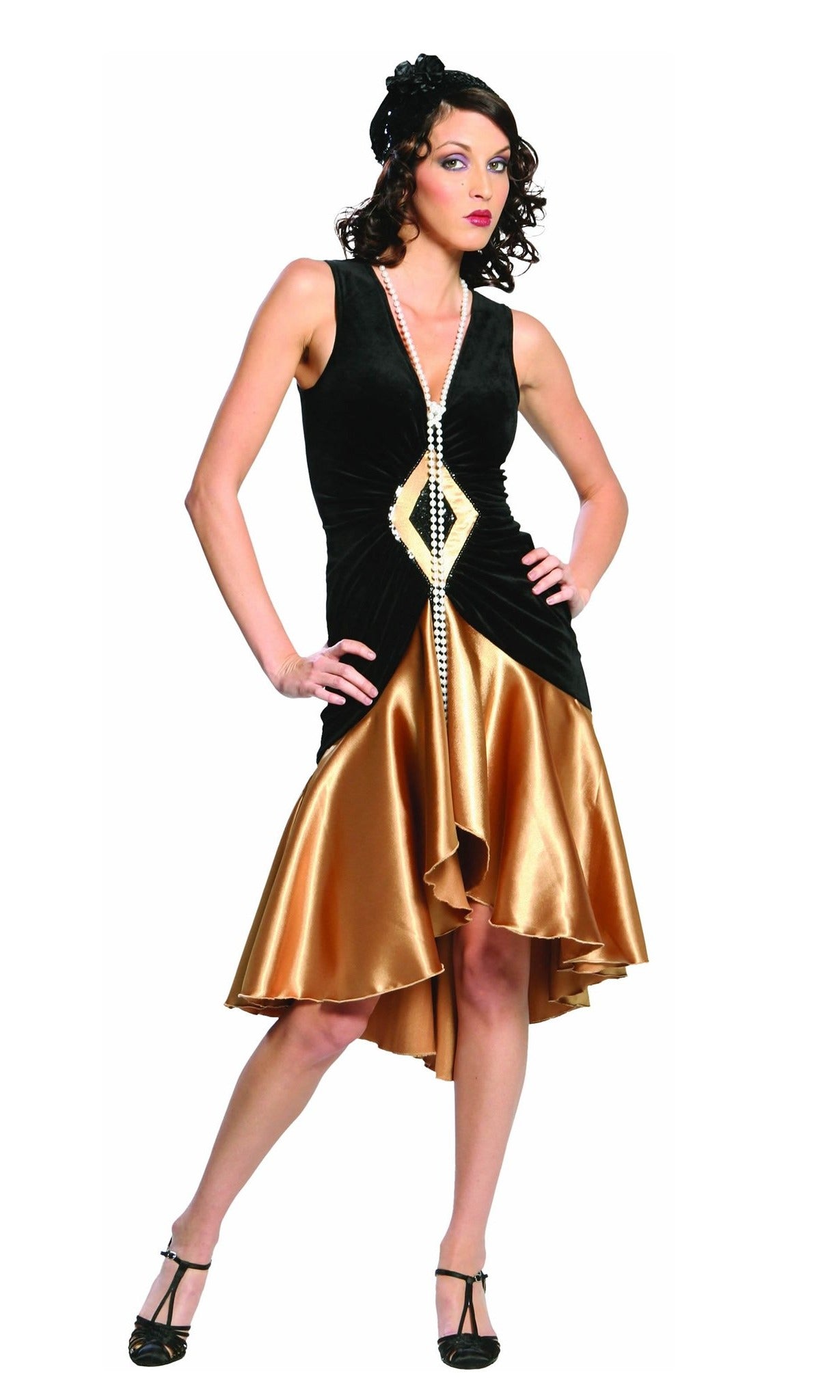 Gold and black 1920s flapper dress with hat and necklace