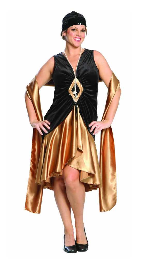 Plus size gold and black 1920s flapper dress with hat and necklace