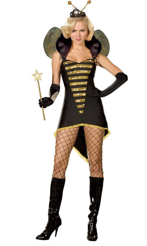 Queen bee costume with fur collar, wings, crown, antennae and gloves
