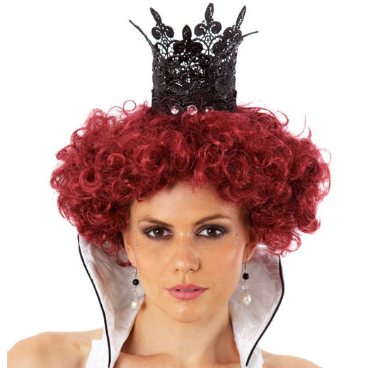 Queen of Hearts style auburn red curly wig shown with crown