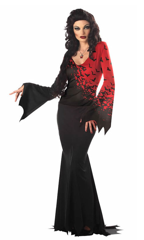 Long red and black vampire dress with bat graphics and wide sleeves