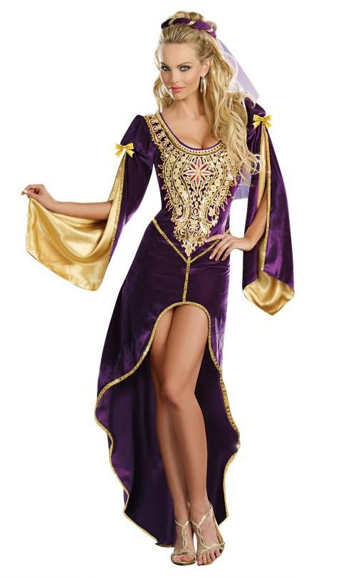 Medieval Queen purple costume with headpiece and veil
