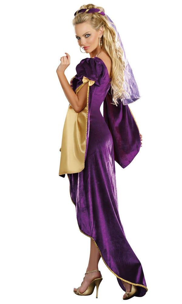 Back of medieval Queen purple costume with headpiece and veil