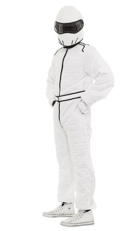 Side of white Stig race suit with soft helmet and gloves