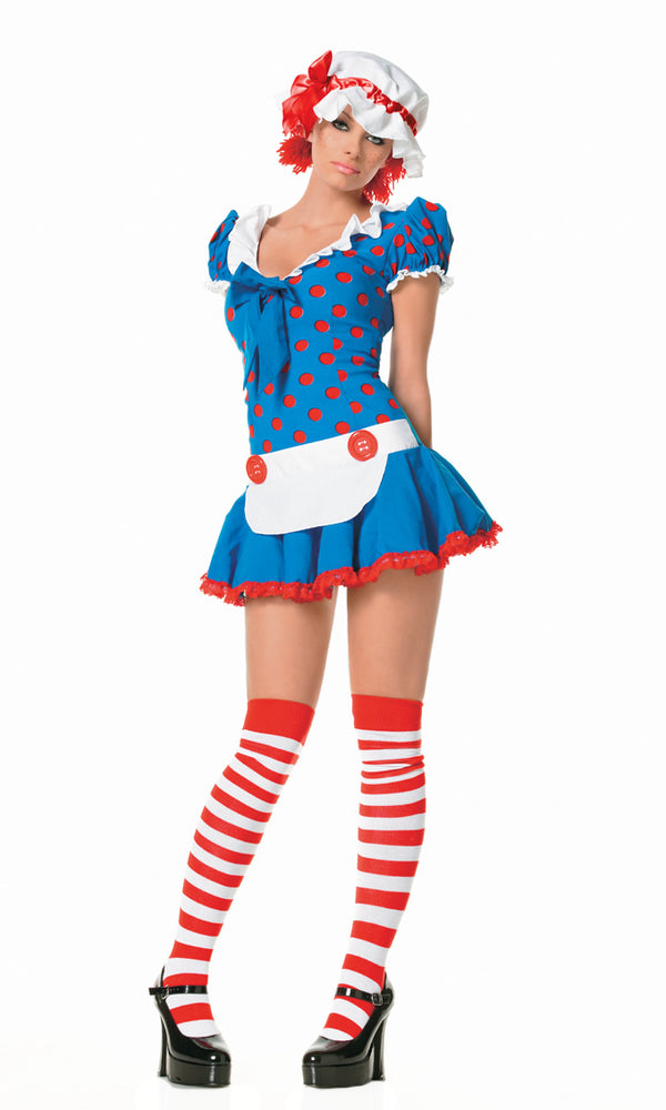 Short blue Raggedy Ann dress with red polka dots and bonnet