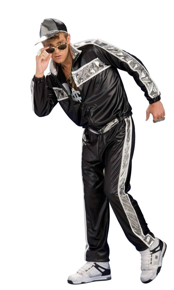 Rapper costume in black with silver stripes and matching hat