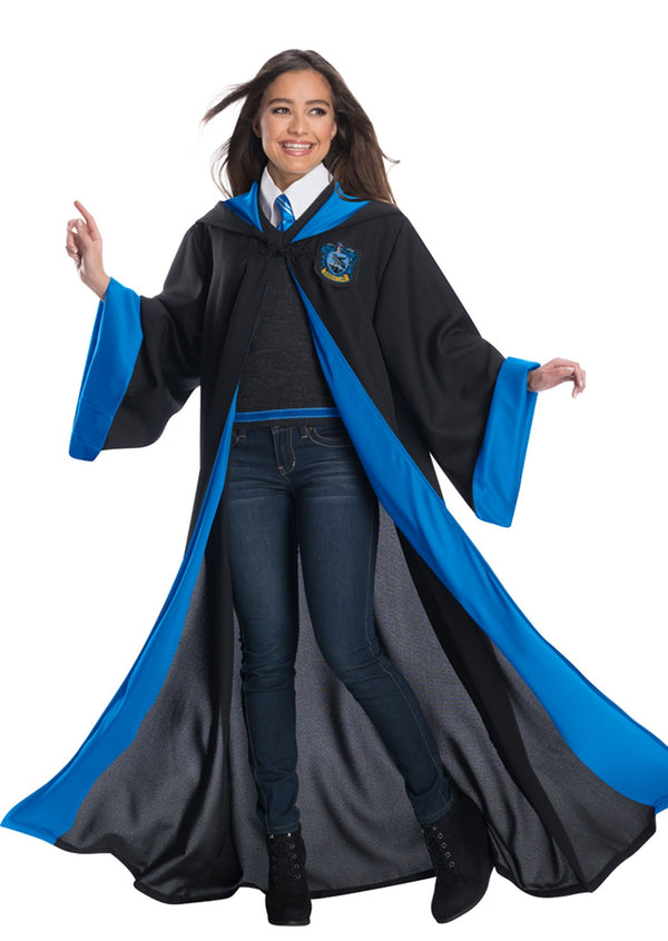 Woman wearing blue and black Ravenclaw costume with robe, tie and sweater