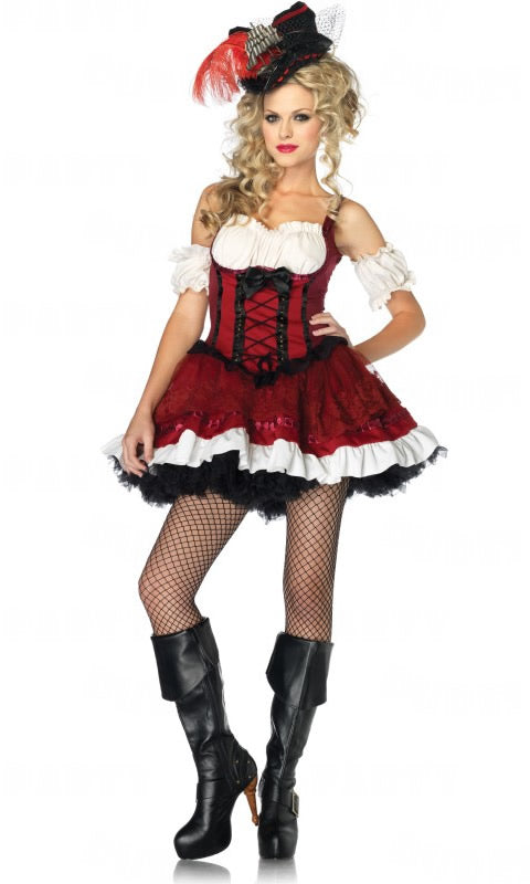 Red and white pirate dress with puff sleeves
