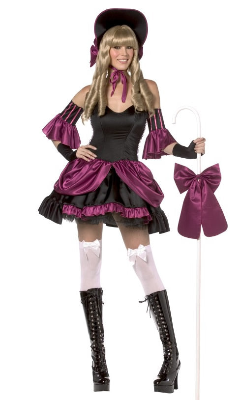 Short purple and black Bo Peep dress with petticoat, gloves, bonnet and staff