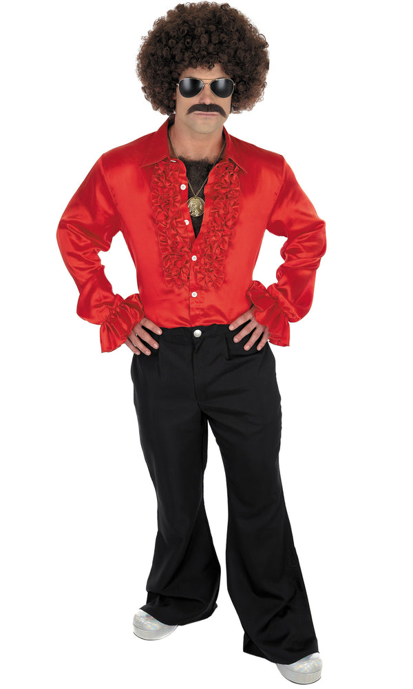 Red 70s disco shirt with frills and black pants