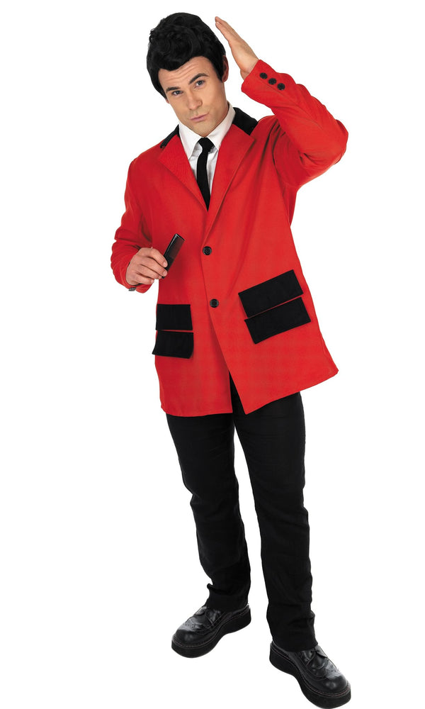 Red teddy boy jacket with mock shirt front and black tie