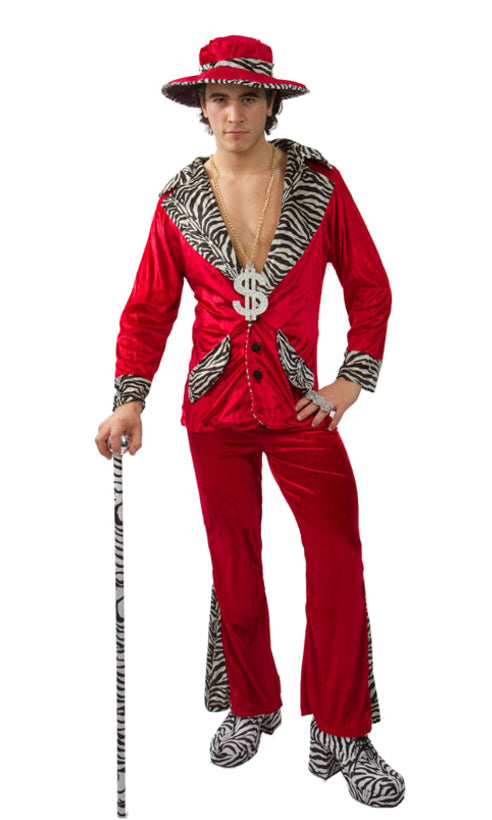 Red pimp costume with animal stripe collar and cuffs, with matching hat