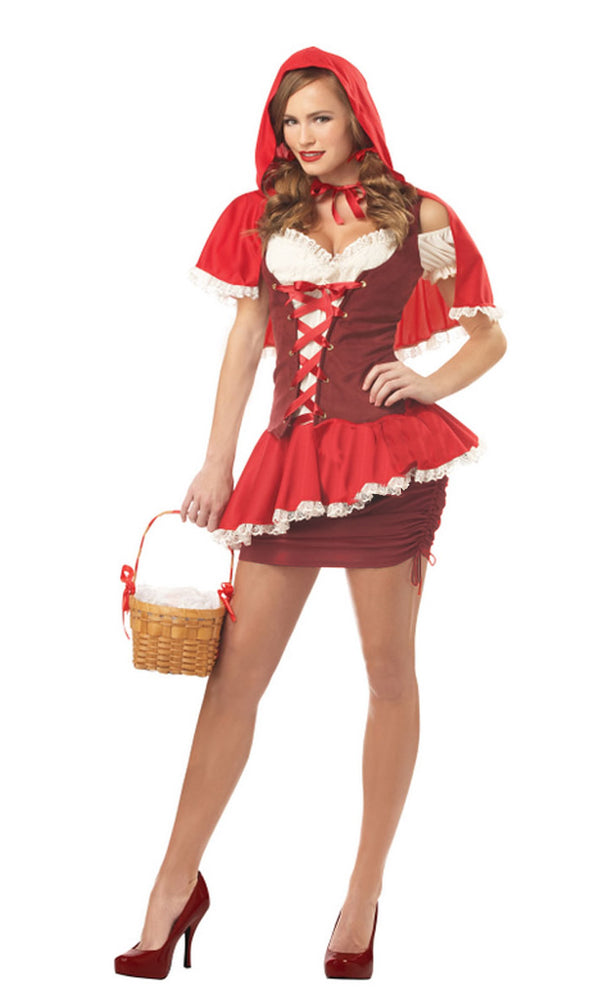 Short red riding hood costume, with short cape and corset dress