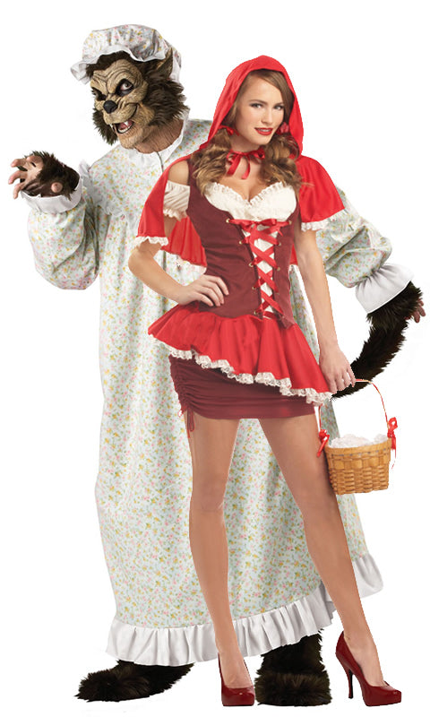Short red riding hood costume, with short cape and corset dress next to Grandma wolf