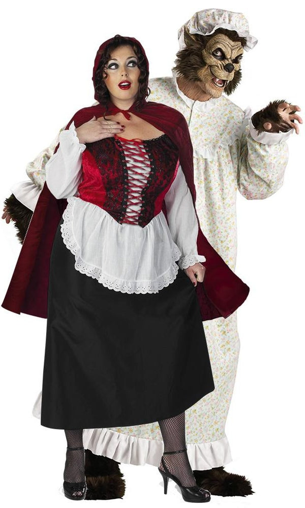 Plus size Red Riding Hood dress with cape and apron, next to Grandma Wolf