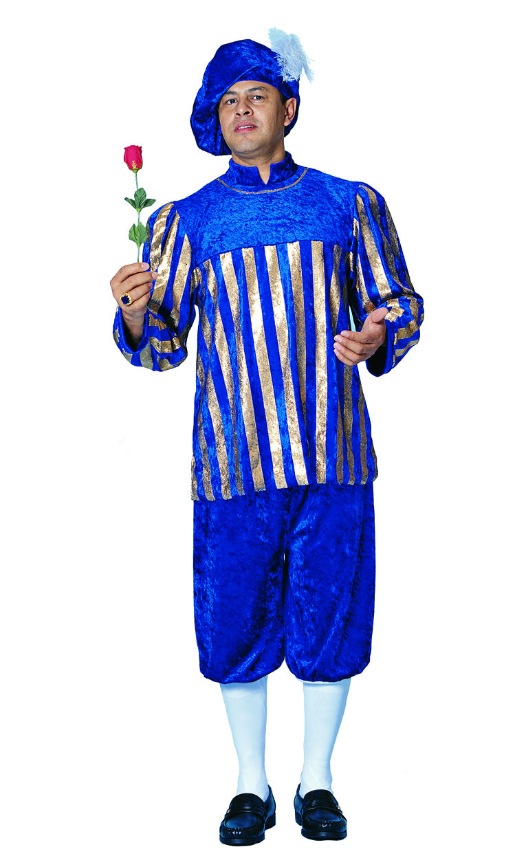 Blue Renaissance male costume with matching hat and 3/4 pants