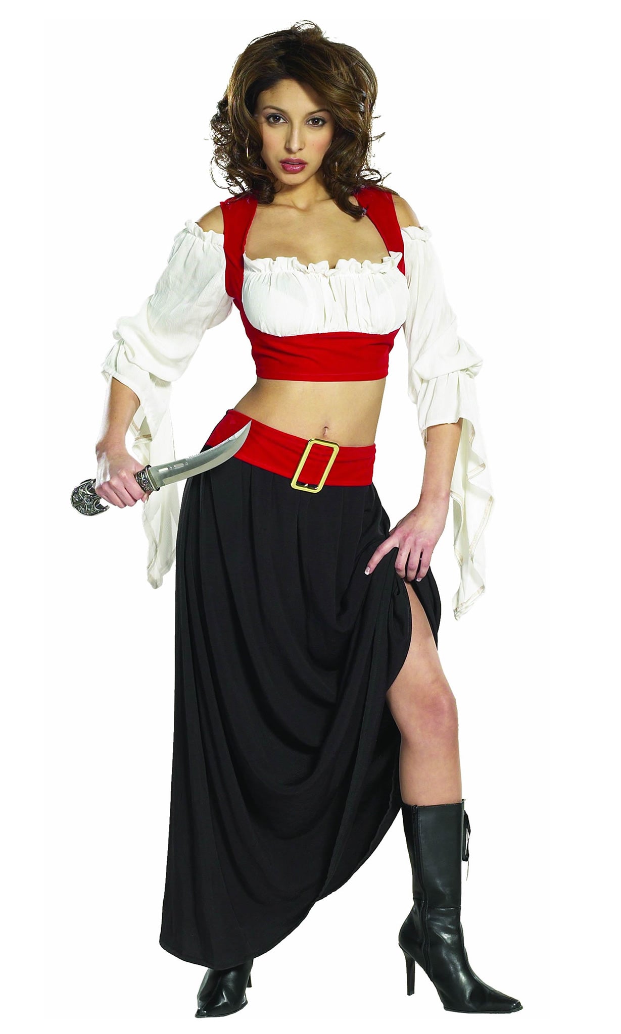 Woman's black pirate skirt with white & red top and belt