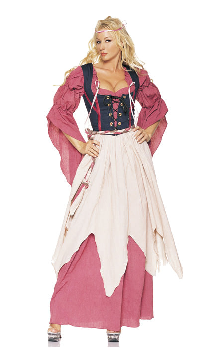 Long pink Renaissance dress with vest bodice, overskirt and ropes