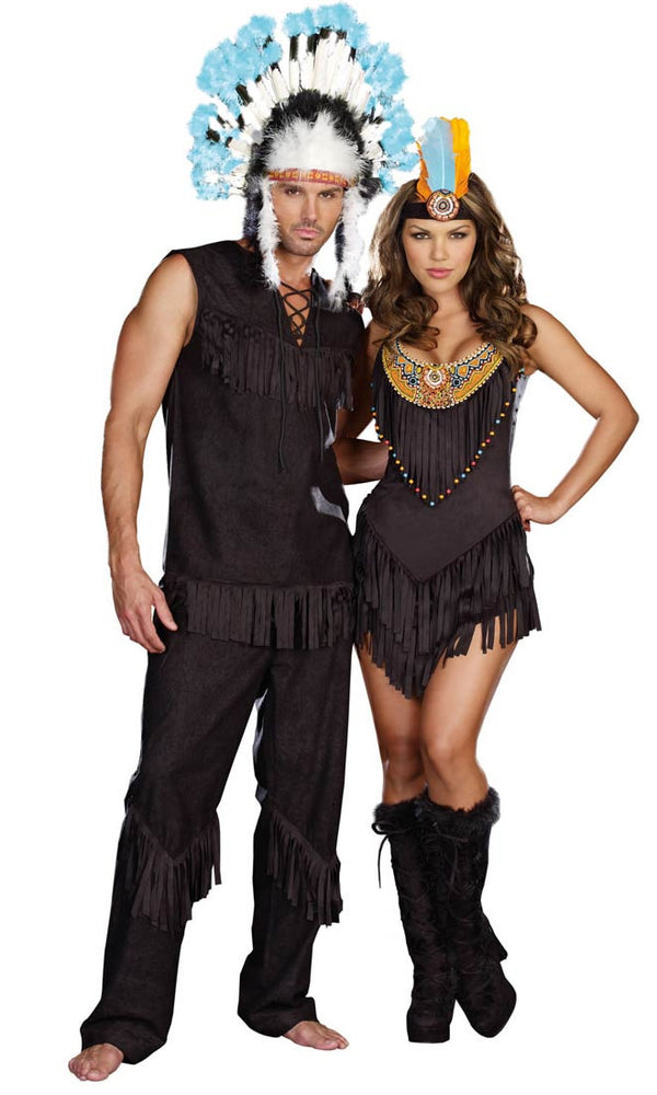 Native American woman's costume in brown, standing next to Indian male