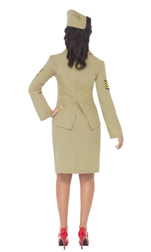 Back of women's retro officer costume with mock shirt and tie, with hat
