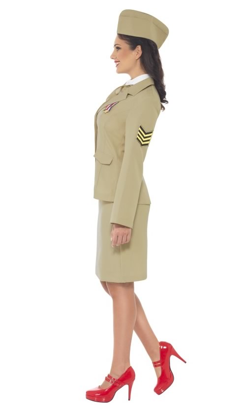 Side of women's retro officer costume with mock shirt and tie, with hat