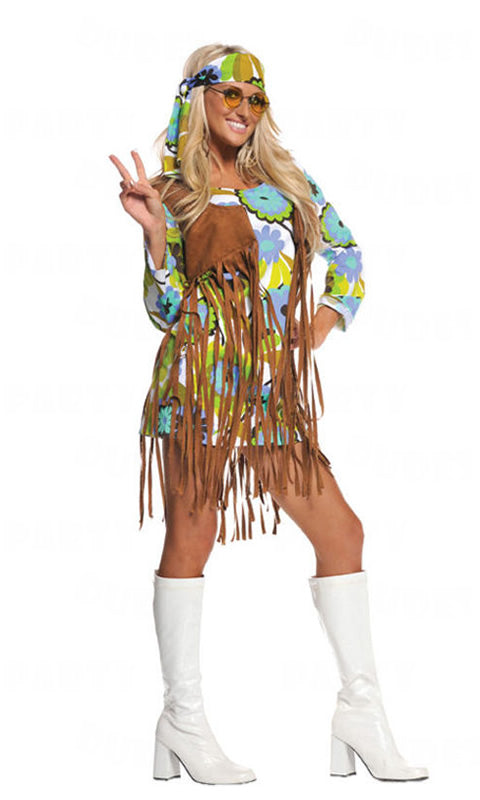 Short hippie dress with headband and brown tassel vest