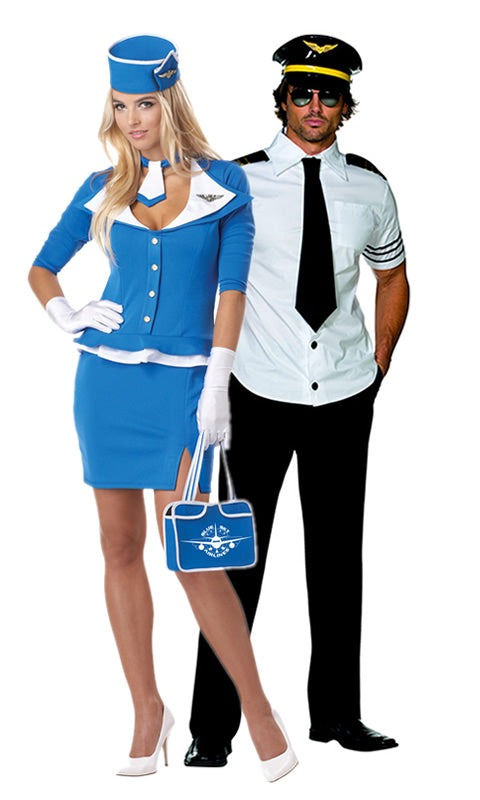 Retro stewardess costume in blue, next to male pilot