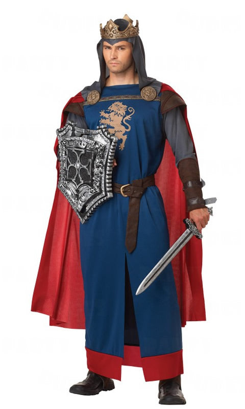 King Richard costume in blue with red cape, crown and lion motif