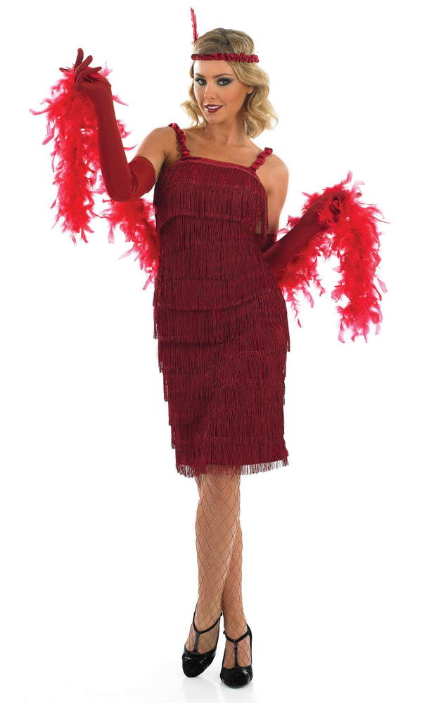 Red fringe flapper dress with gloves and headband