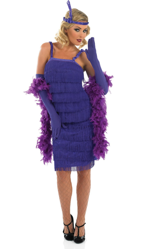 Purple fringe flapper dress with gloves and headband