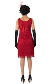 Back of short red flapper dress with tassels and red headband