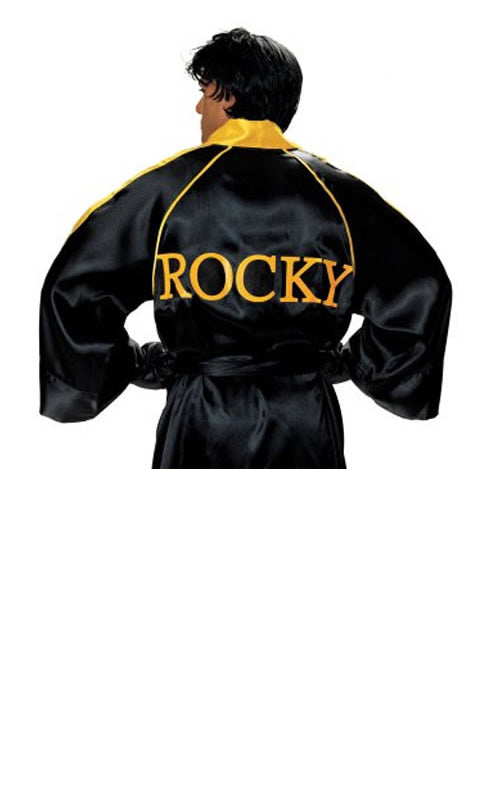 Back of Rocky Balboa black and yellow robe with Rocky logo, black gloves and wig