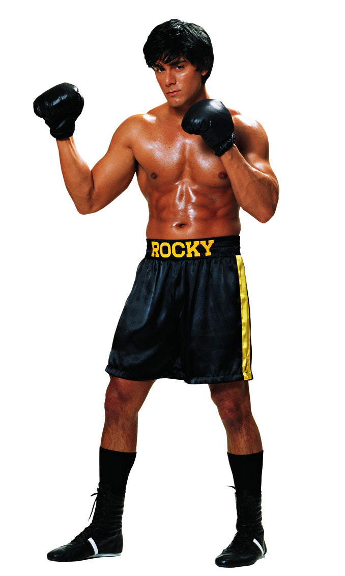 Rocky Balboa black and yellow shorts with black gloves and wig