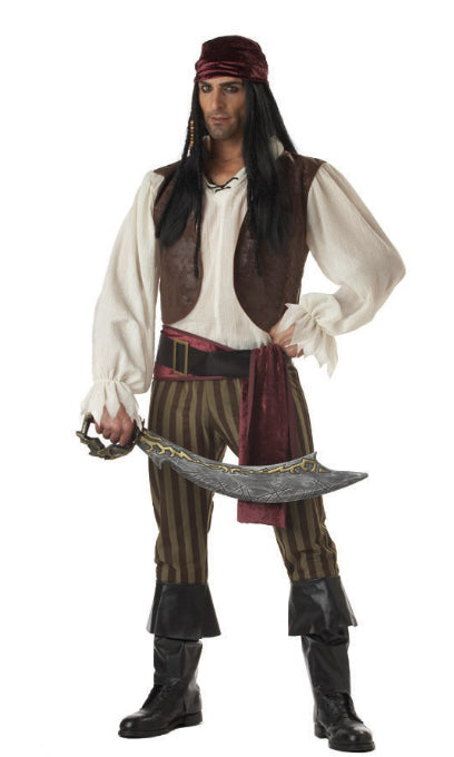 Men's pirate costumes with brown striped pants, bandana and vest