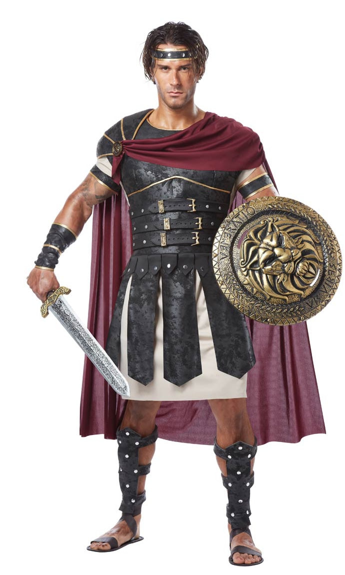 Other view of plus size Roman gladiator costume with cape, wrist guards and headband
