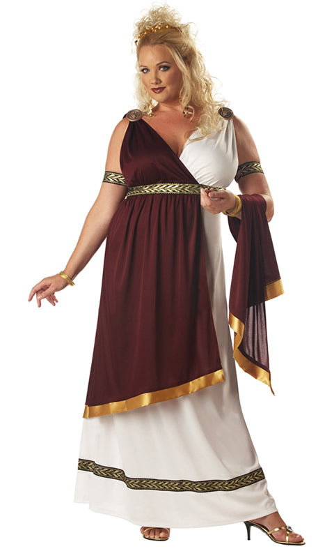 Plus size Roman empress dress with medallions, arm bands & drape