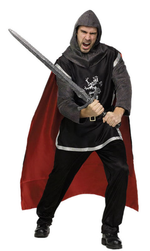 Black knight costume with cape, hood and lion logo