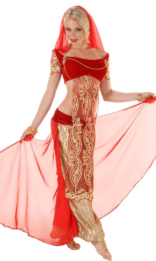 Belly dancer costume in red with chiffon veil