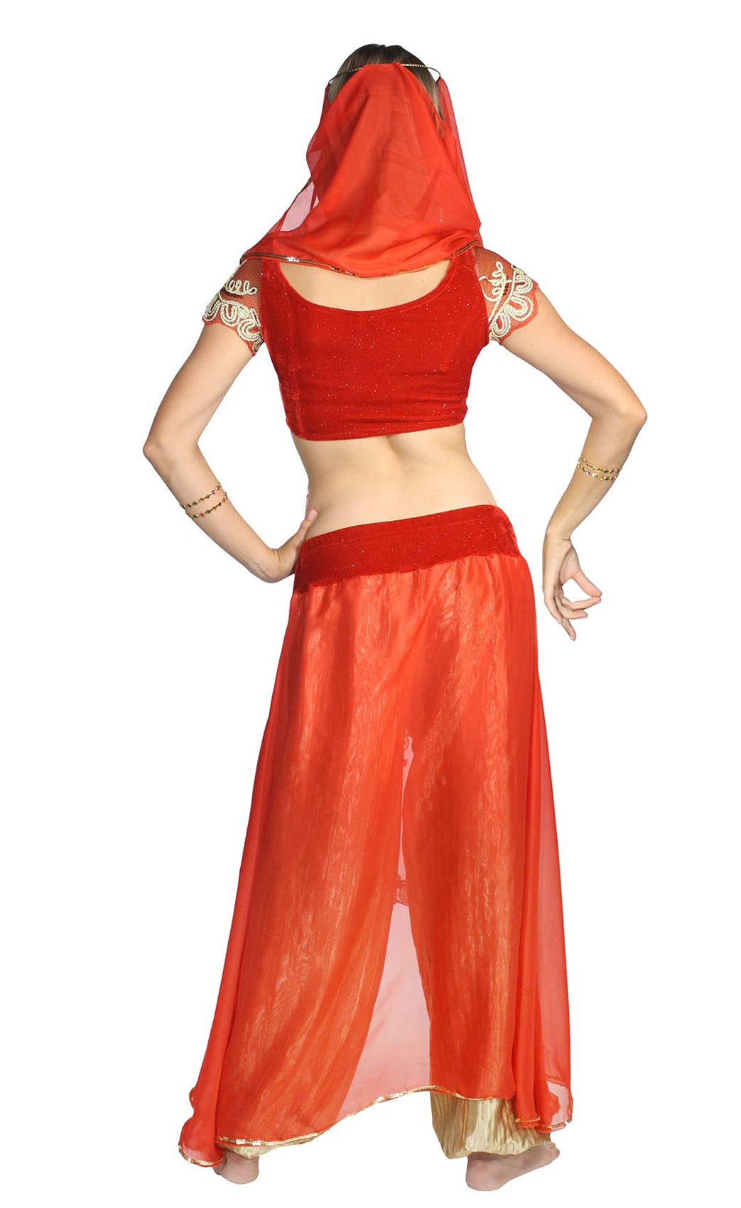 Different back view of Belly dancer costume in red with veil