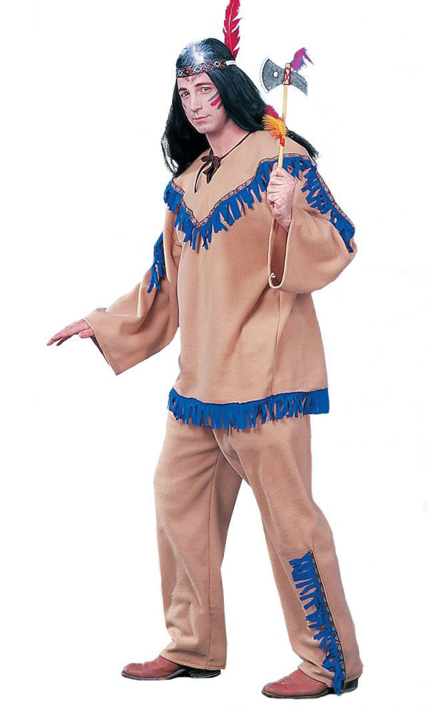 Native American Indian costume with blue and brown top and pants, with headband
