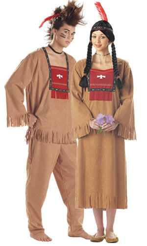 Brown native Indian guy costume with red chest piece, next to female partner