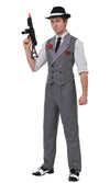 Grey pinstripe gangster costume with vest, pants, tie and shirt