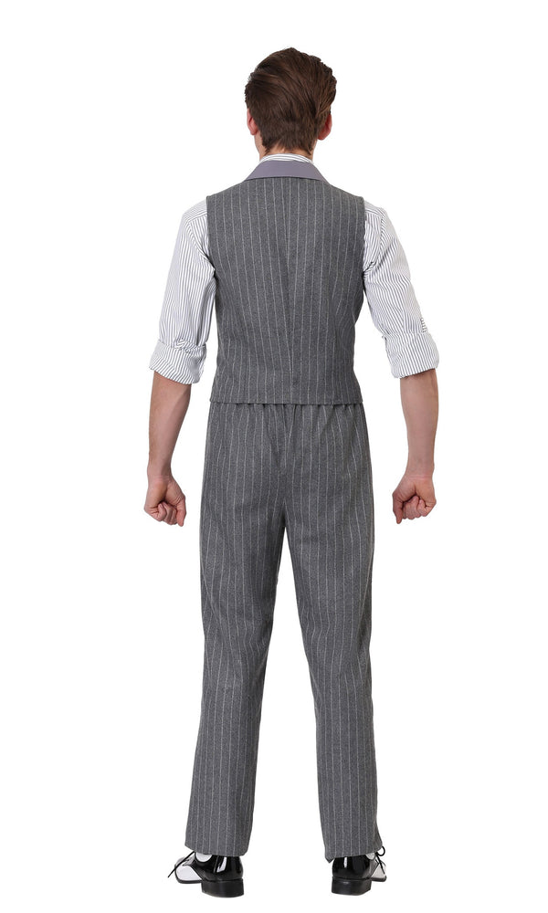 Back of grey pinstripe gangster costume with vest, pants and shirt
