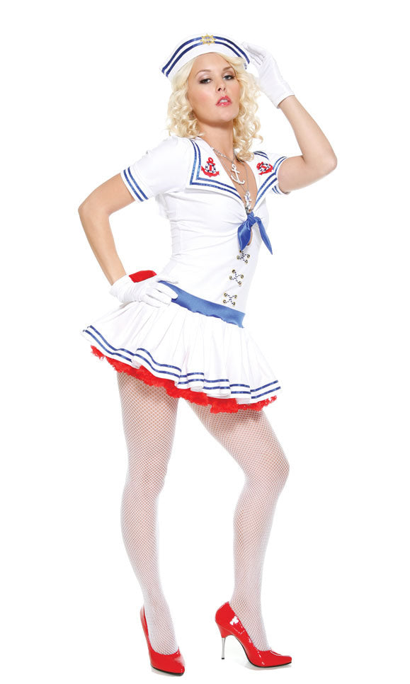 Short white sailor dress with blue lines and hat