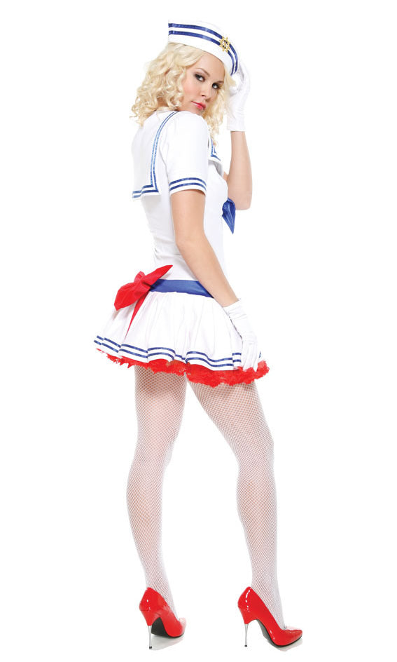 Side of short white sailor dress with blue lines and hat