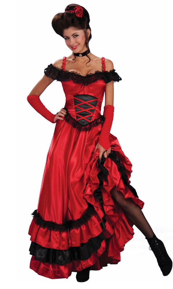 Long red and black saloon dress with red gloves and headband