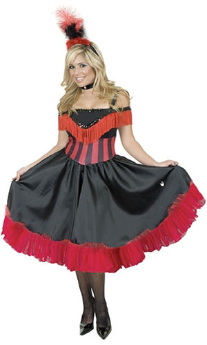 Black and red saloon burlesque dress with headpiece