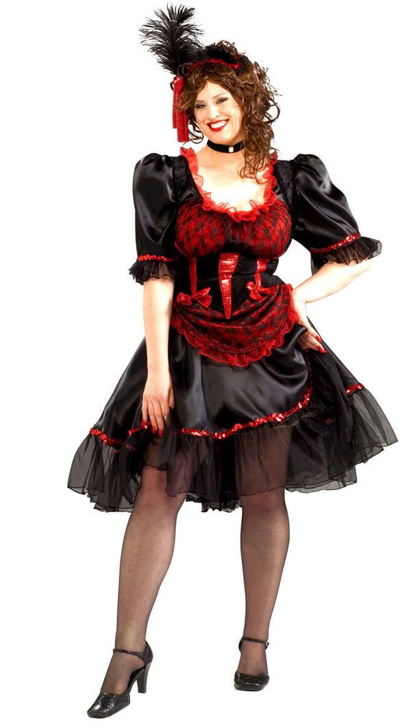 Black and red plus size saloon dress with headband and feather