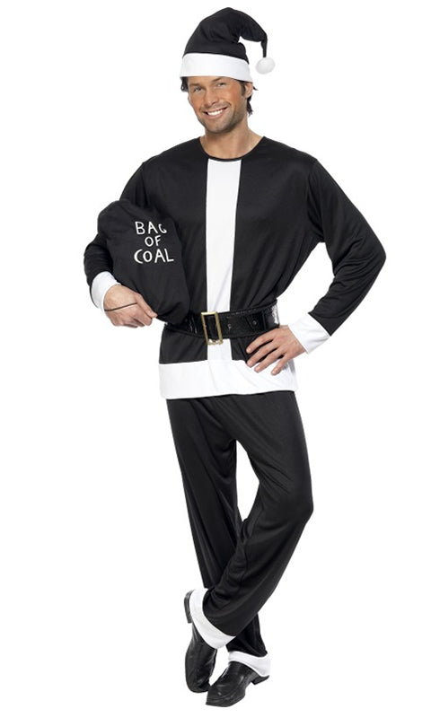 Black and white Santa style costume with bag of coal