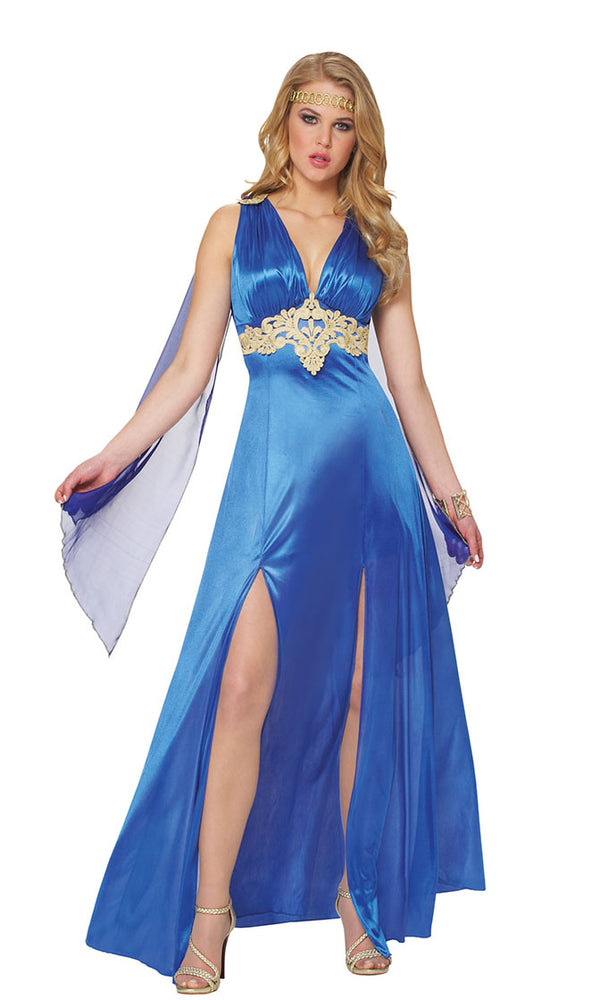 Sapphire roman style long dress with attached capelets and headpiece
